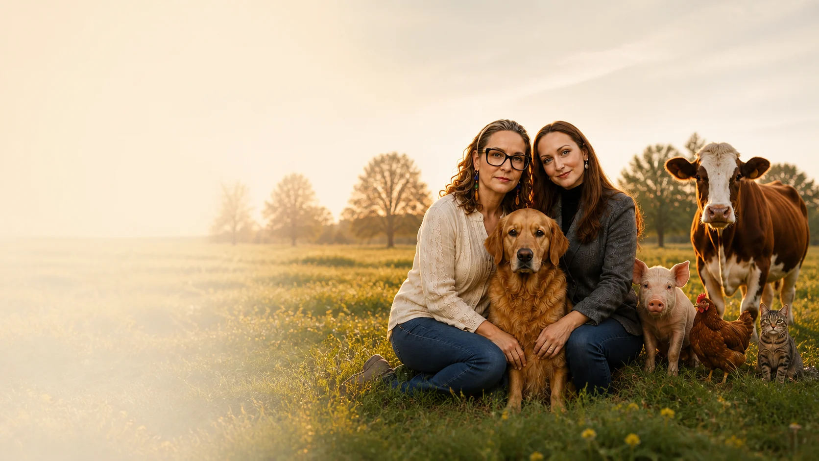 Zwei Frauen mit einem Hund und weiteren Tieren in einer Landschaft