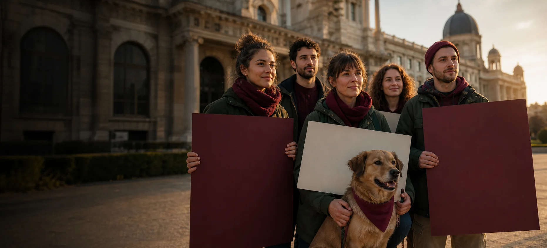 Menschen bei einer friedlichen Tierschutzkampagne mit einem Hund.