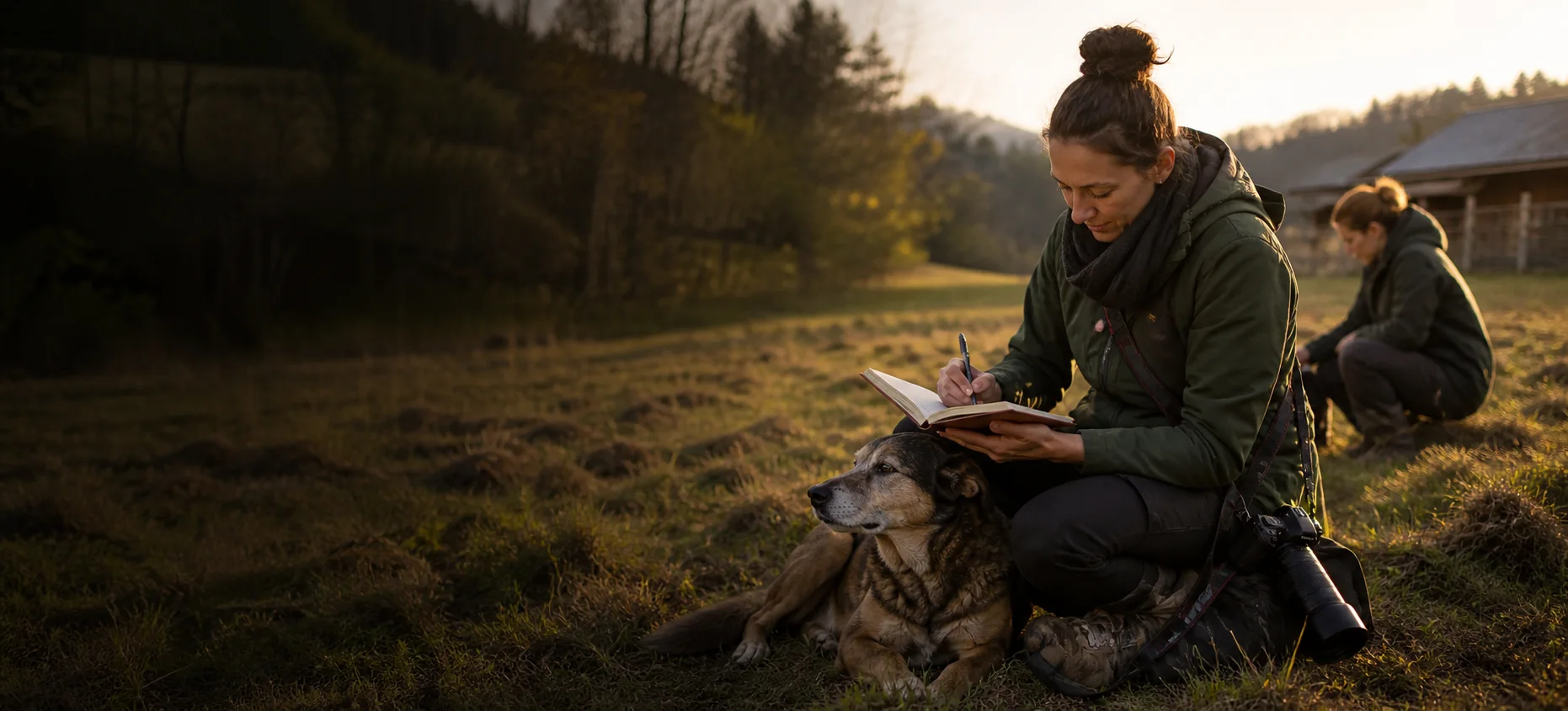 Eine Frau bei redaktioneller Tierschutzarbeit mit einem Hund.