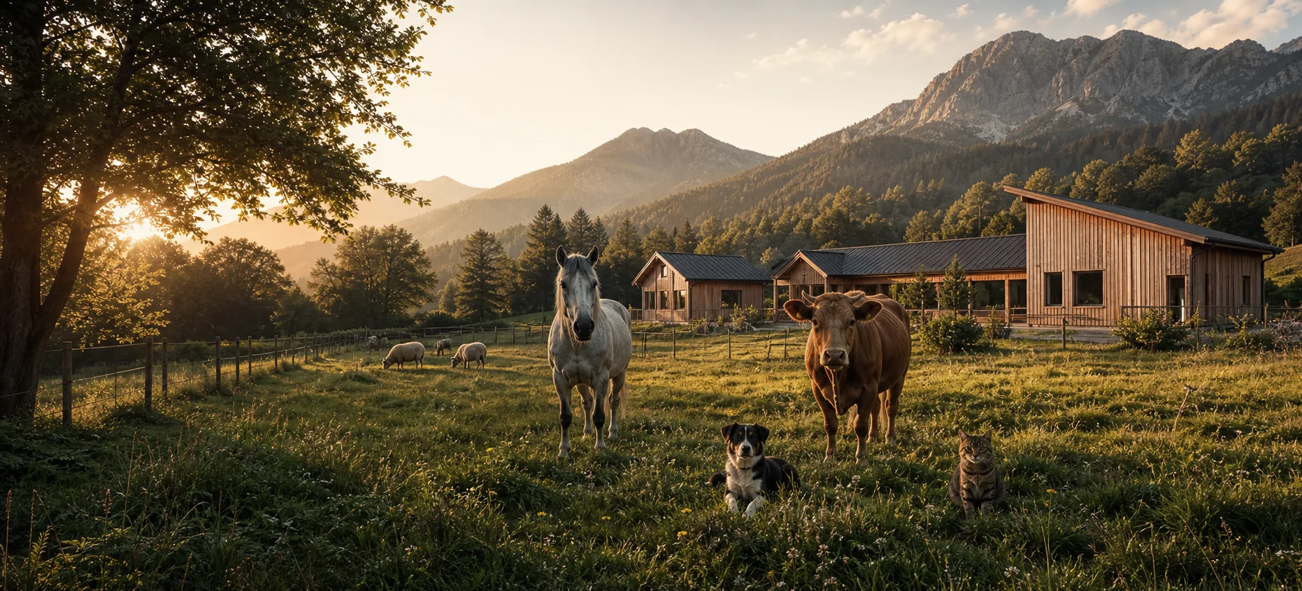 Naturnahe Landschaft mit Tierhäusern als langfristige PAI Sanctuary Vision.
