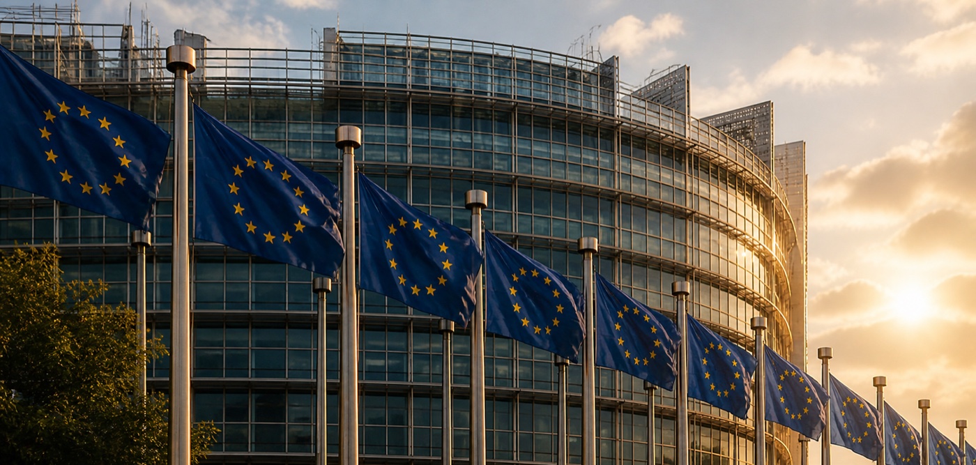 Flaggen der Europäischen Union vor einem europäischen Institutionengebäude.