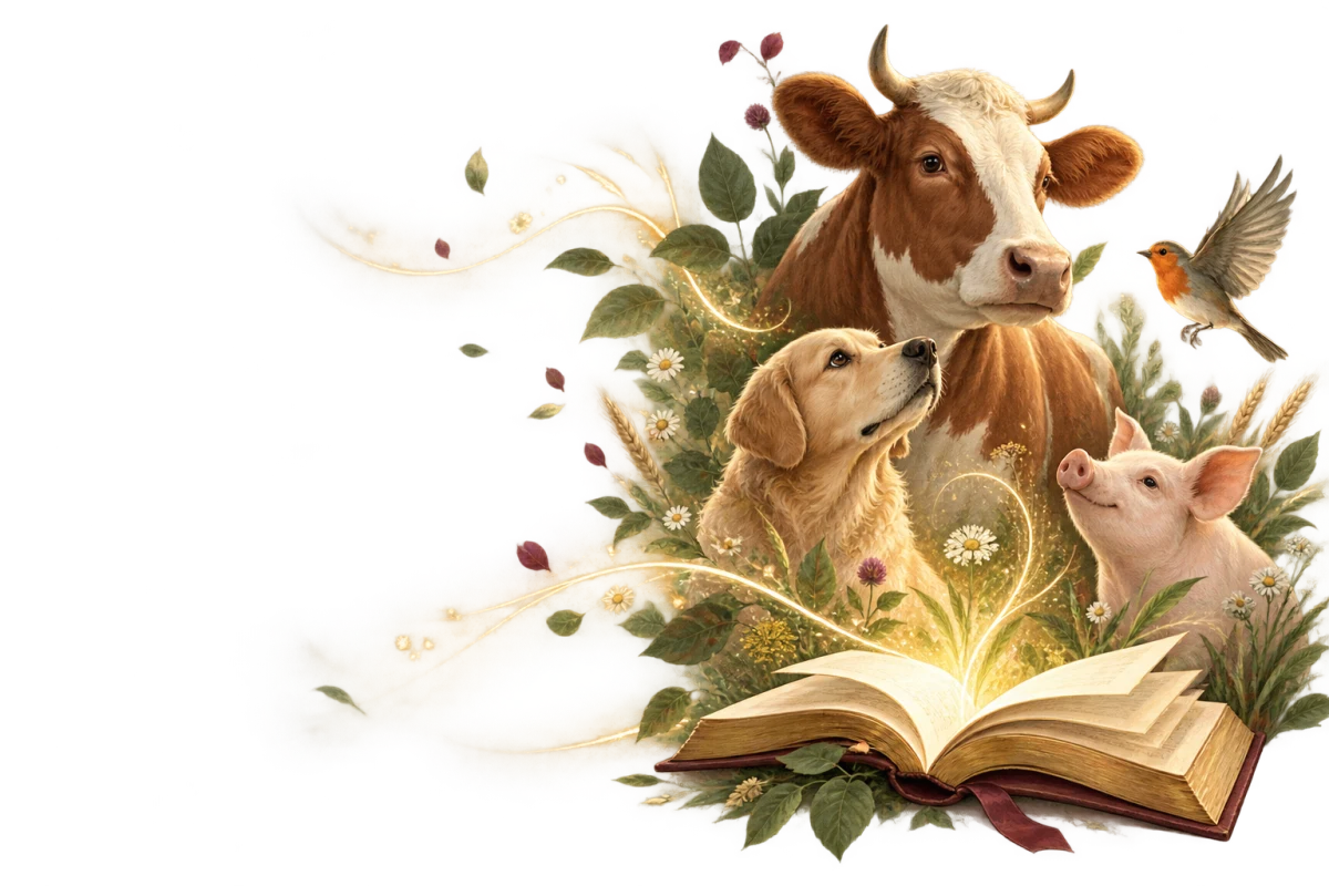Illustration zu Bildung und Aufklärung mit Tieren und einem geöffneten Buch