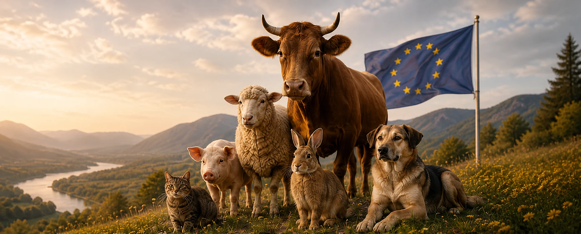 Verschiedene Tiere vor einer europäischen Landschaft und einer EU-Flagge.